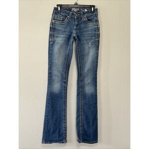 Rock 47 Womens Distressed Heavy Stitch Bootcut Blue Jeans Size‎ 25/36 See Photos